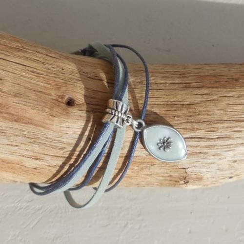 Bracelet 2 tours cordon de suédine et coton* breloque émaillée bleu-gris 