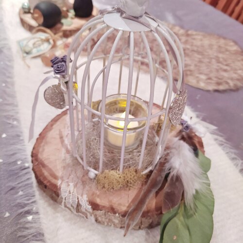 Bougeoir cage oiseau, bougie shabby chic, centre de table romantique