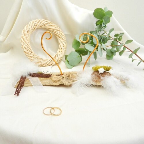 Porte alliances bohème en bois, coussin de mariage avec plumes, accessoire de mariage