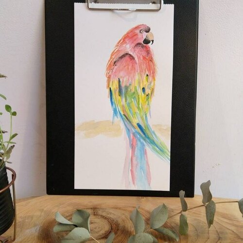 Aquarelle originale perroquet, déco tropicale, illustration exotique, jungle art, peinture faune