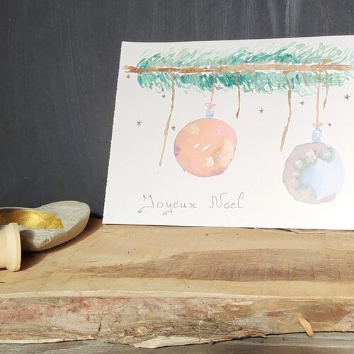 Aquarelle originale &quot;boules de noël&quot; de la série &quot;noël&quot;, aquarelle verte, peinture, art mural