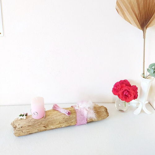 Bougeoir bois flotté rose, centre de table bougie, décoration girly