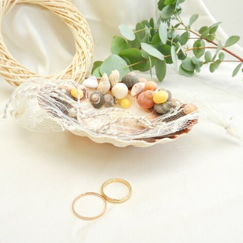 Porte alliances coquillages, mariage bord de mer, coussin mariage coquillage