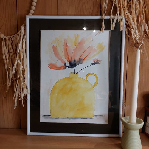 Aquarelle originale organique, vase coquelicot