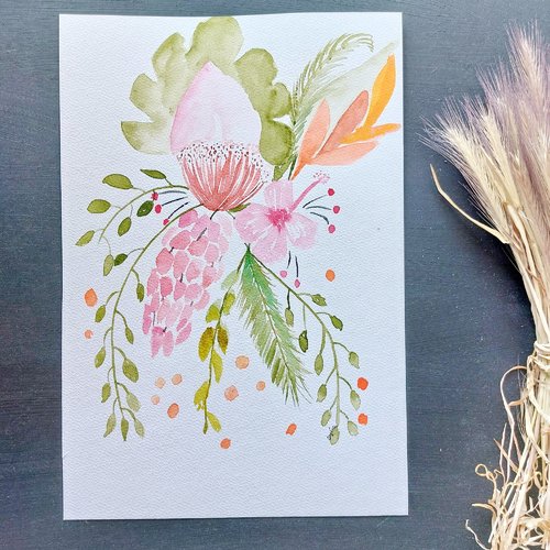 Aquarelle originale bouquet de fleurs, illustration botanique, aquarelle botanique