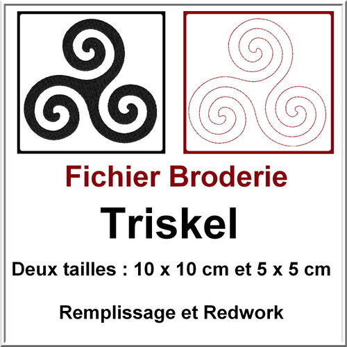 Triskel fichier broderie machine, deux tailles 10 x 10 cm et 5 x 5 cm, triskel remplissage et redwork en triple point, fichier broderie