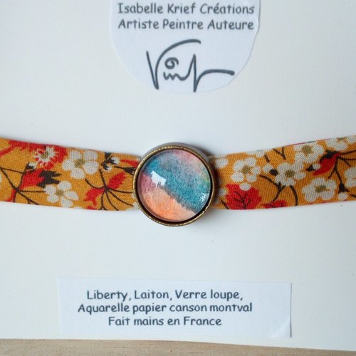 Aquarelle art abstrait contemporain,bracelet liberty fleuri avec cabochon rond verre loupe bleu rose orange, cadeau fete anniversaire noel,