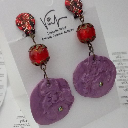 Clips oreilles porcelaine froide incrustée de cristal swarovski et perles de verre,rouge noir violet,art abstrait gothique
