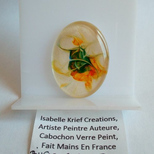 30x40mm,verre peint artiste francaise,bleu jaune nacre blanc,cabochon ovale fond plat,fourniture bricolage mercerie,boho bobo gothique