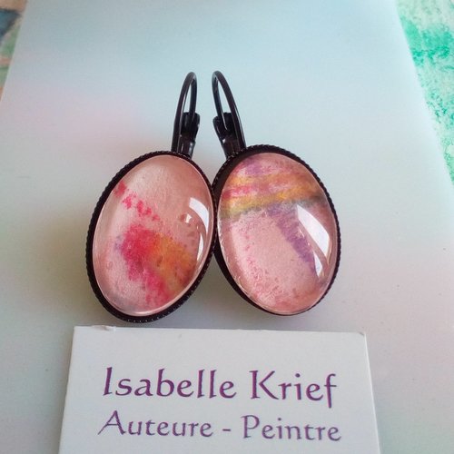 Boucles oreilles dormeuses aquarelle avec cabochons en verre ovale,fait mains en france,art abstrait contemporain