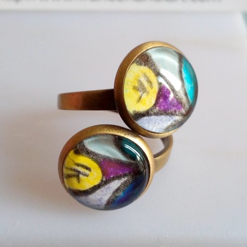 Aquarelle art abstrait,bague laiton avec 2 cabochons ronds,peinture bleu jaune violet,cadeau fete anniversaire noel,fait en france