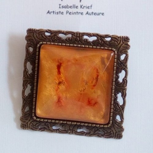 Broche carrée laiton bronze avec cabochon verre peint par artiste francaise,fleur feuillage art deco art nouveau, fermoir epingle,boho bobo
