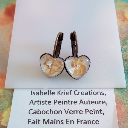 Boucles oreilles laiton bronze avec cabochons coeurs en verre peint par artiste francaise,fermoirs dormeuses oreille percee,cadeau fete noel