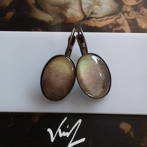 Aquarelle originale artiste peintre française,dormeuses ovale rouge marron vert bronze,bobo boho gothique,victorien