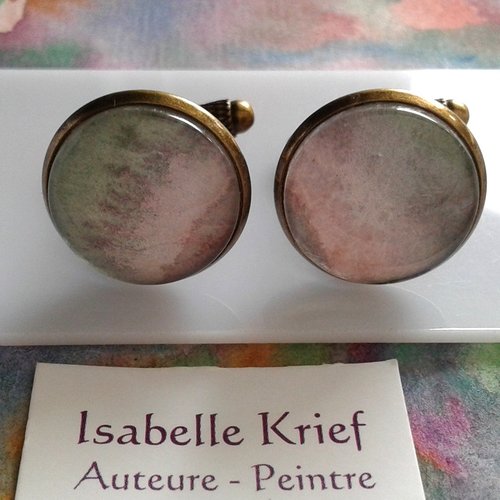 Aquarelle originale ,artiste peintre,boutons manchette ronds,rose violet vert bronze,bobo boho gothique,fait mains en france