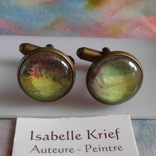 Aquarelle originale ,artiste peintre,boutons manchette ronds,jaune vert violet bronze,bobo boho gothique,fait mains en france