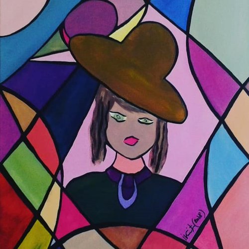 Carte postale la jeune femme au chapeau marron,impression tableau peinture isabelle krief,visage cheveux collier couleurs,avec enveloppe