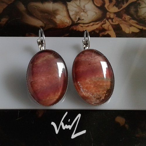 Dormeuses aquarelles boucles oreilles avec cabochons ovales,fait mains en france,art abstrait contemporain,boho bobo cadeau fete noel