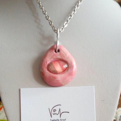 Pendentif goutte en argile avec cabochon oval aquarelle originale et belière alu martelée à la main,bijou artisanat,fait mains en france