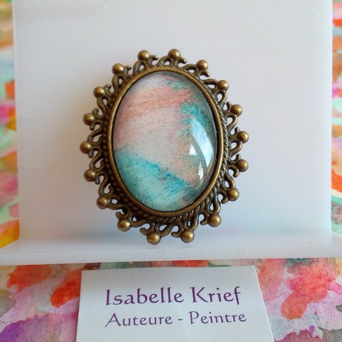 Broche laiton bronze avec cabochon oval aquarelle ooak peint par artiste,fait mains en france,fermoir epingle,fleuri abstrait victorien deco