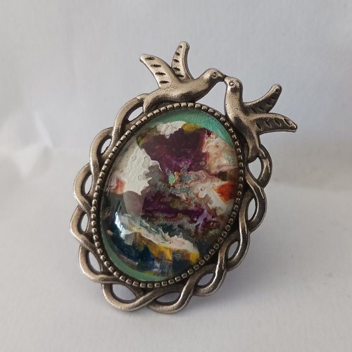 Bijou peint a la main,bague oiseaux amoureux avec cabochon en verre oval,paysage victorien fantastique,art nouveau boho gothique