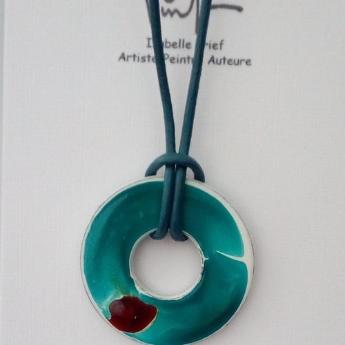 Pendentif rondelle plate acier zingue peint par artiste,cordon simili cuir,fermoir mousqueton,fait mains en france,cadeau fete anniversaire