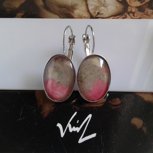 Dormeuses aquarelles boucles oreilles rodhiees avec cabochons ovales,fait mains en france,art abstrait,boho bobo cadeau fete noel