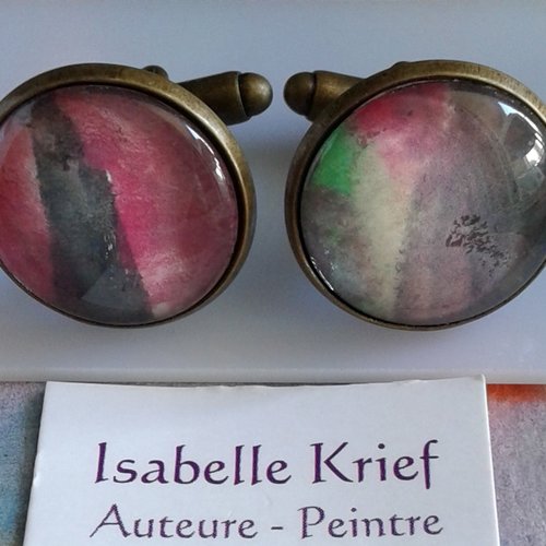 Boutons de manchette ronds en laiton avec cabochons d'aquarelle ooak peint par artiste,bleu rouge rose vert gris,fait mains en france