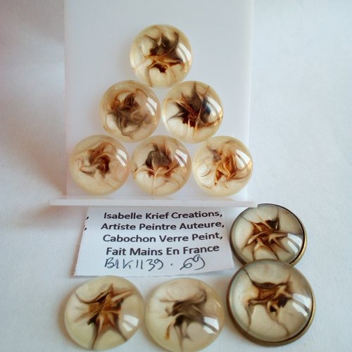 20mm,verre peint artiste francaise,brun marron nacre blanc,cabochon rond fond plat,fourniture bricolage mercerie,boho bobo gothique abstrait