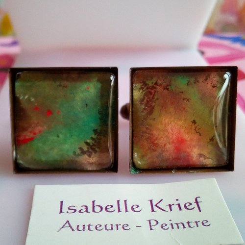 Boutons de manchette laiton avec aquarelle peinte par artiste,rouge marron vert bronze,fait mains en france,cadeau fete anniversaire noel