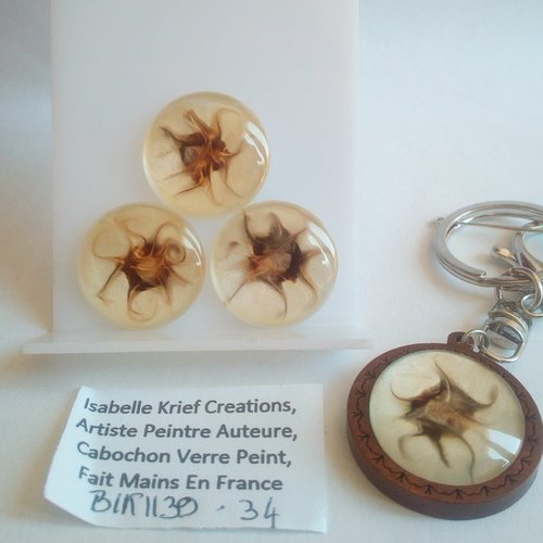 25mm,verre peint artiste francaise,brun marron nacre blanc,cabochon rond fond plat,fourniture bijou mercerie,boho bobo gothique