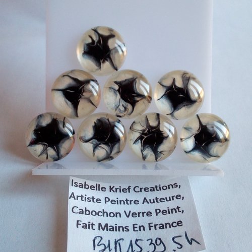 18mm,verre peint artiste francaise,noir nacre blanc,cabochon rond fond plat,fourniture bricolage mercerie,boho bobo gothique fantastique