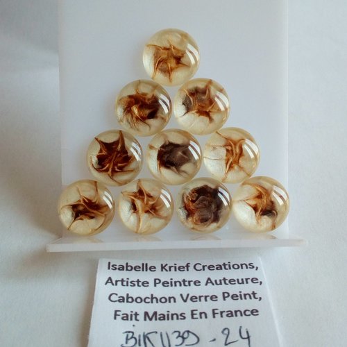 15mm,verre peint artiste francaise,brun marron nacre blanc,cabochon rond fond plat,fourniture bijou mercerie,boho bobo gothique