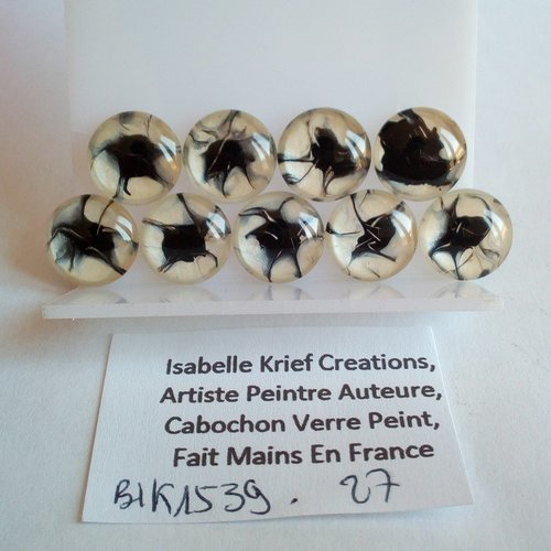 14mm,verre peint artiste francaise,noir nacre blanc,cabochon rond fond plat,fourniture bricolage mercerie,boho bobo gothique