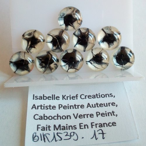 12mm,verre peint artiste francaise,noir nacre blanc,cabochon rond fond plat,fourniture bricolage mercerie,boho bobo gothique