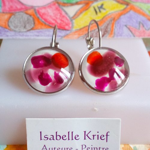 Boucles oreilles percees dormeuses argente rhodie avec cabochons ronds en verre peint par artiste,fait mains en france,cadeau fete noel