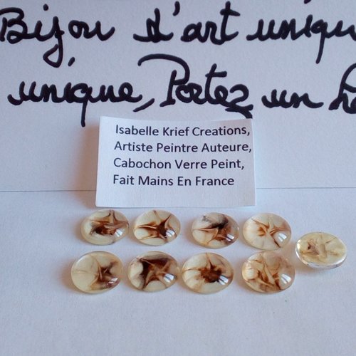 12mm,verre peint artiste francaise,marron brun nacre blanc,cabochon rond fond plat,fourniture bijou mercerie,boho bobo gothique abstrait
