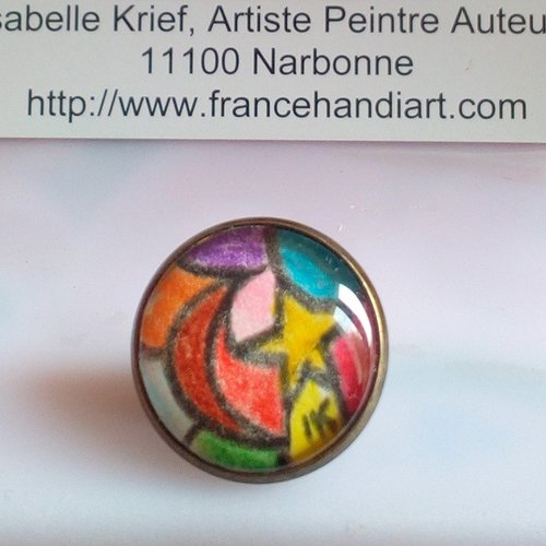 Aquarelle originale peinte par artiste,pins avec cabochon rond,lune etoile rouge rose violet bleu jaune vert orange