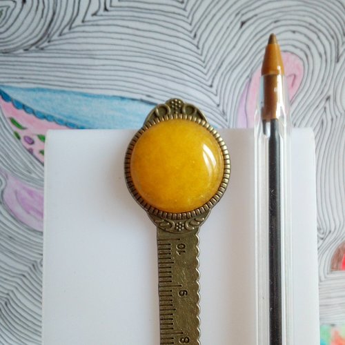 Marque page laiton bronze regle gradue feuillage fleuri avec cabochon rond 20mm quartz jaune pierre fine precieuse,accessoire livre