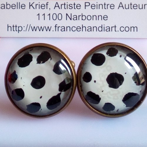 Verre peint,boutons manchette rond,laiton bronze,avec cabochon blanc noir,art contemporain,fait mains en france,cadeau fete anniversaire