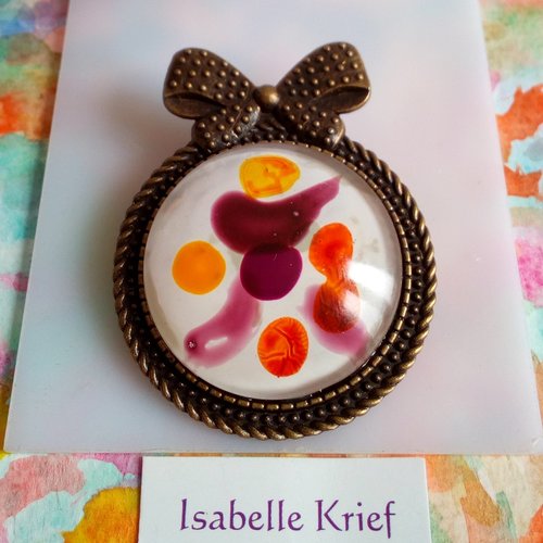 Peinture sur verre,broche gros noeud mignon avec cabochon rond,violet orange blanc,fait mains en france,cadeau fete
