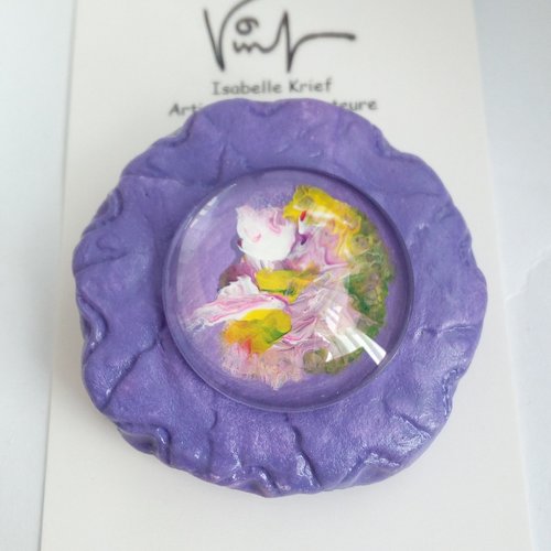Peinture, broche argile avec cabochon verre rond fleuri violet rose blanc,vert jaune,boheme gothique,epingle,cadeau fete anniversaire noel