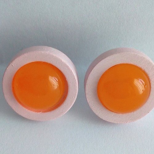Calcite orange,clous oreilles bois rose tige acier avec cabochons ronds 12mm,pierre fine precieuse,cadeau fete anniversaire noel,boho bobo