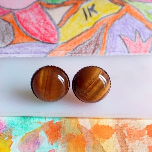 Clous boucles oreilles en laiton bronze avec cabochons ronds 12mm oeil de tigre pierre precieuse,et fermoirs poussoirs,cadeau fete noel
