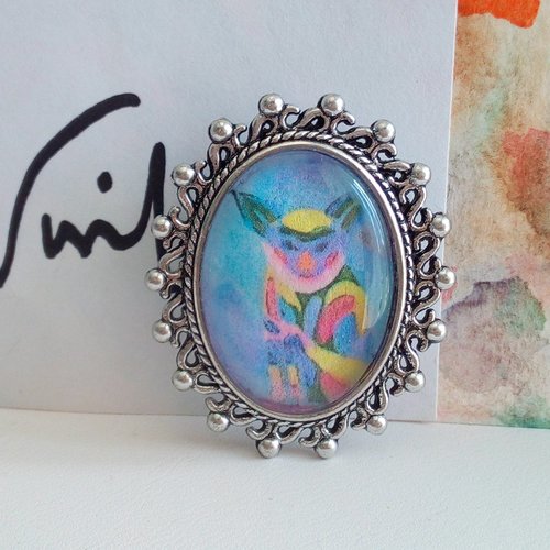 Art portable,broche laiton argente vieilli bords picots avec cabochon ovale 18x25mm impression chat arlequin tableau acrylique d isabelle k