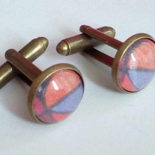 Art portable,boutons de manchettes laiton,avec cabochons ronds,impression tableau acrylique peint par artiste,abstrait geometrie,rouge orang