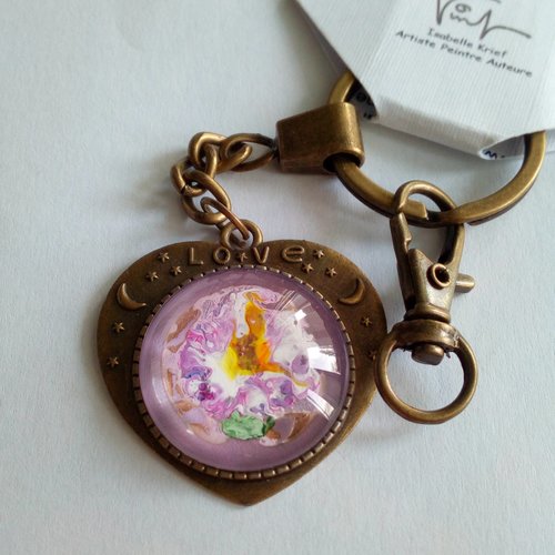 Peint a la main,porte cle,coeur lune etoile love,avec cabochon en verre rond,rose violet jaune,cadeau fete anniversaire noel