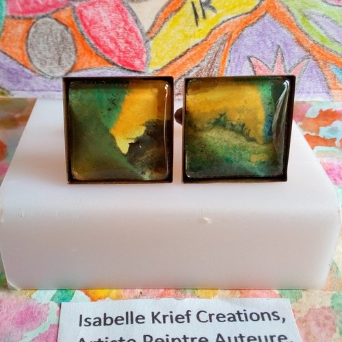 Boutons manchettes carrés,aquarelle originale,artiste peintre française,jaune bleu vert noir orange bronze,bobo boho abstrait