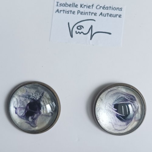 Peinture sur verre par artiste,boutons manchettes laiton avec cabochons ronds amethyste violet nacre blanc,cadeau fete anniversaire noel