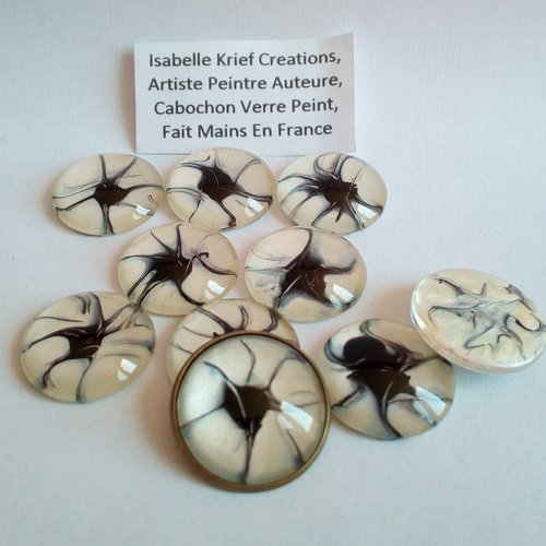20mm,art fluide,verre peint artiste francaise,noir nacre blanc,cabochon rond fond plat,fourniture bricolage mercerie,boho bobo abstrait